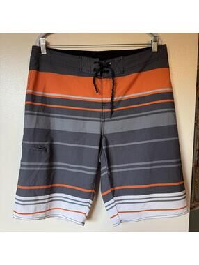 Hang Ten Board Shorts Mens 34 Gray Orange Striped Surf Swim Trunks